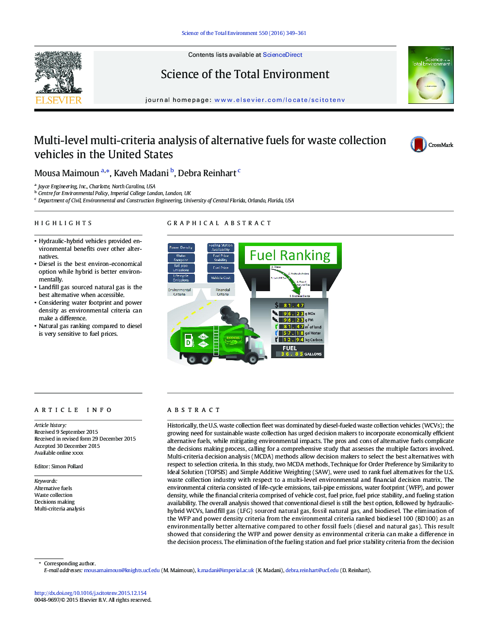 تجزیه و تحلیل چند معیاره چند مرحله ای از سوخت های جایگزین برای وسایل نقلیه جمع آوری زباله در ایالات متحده 