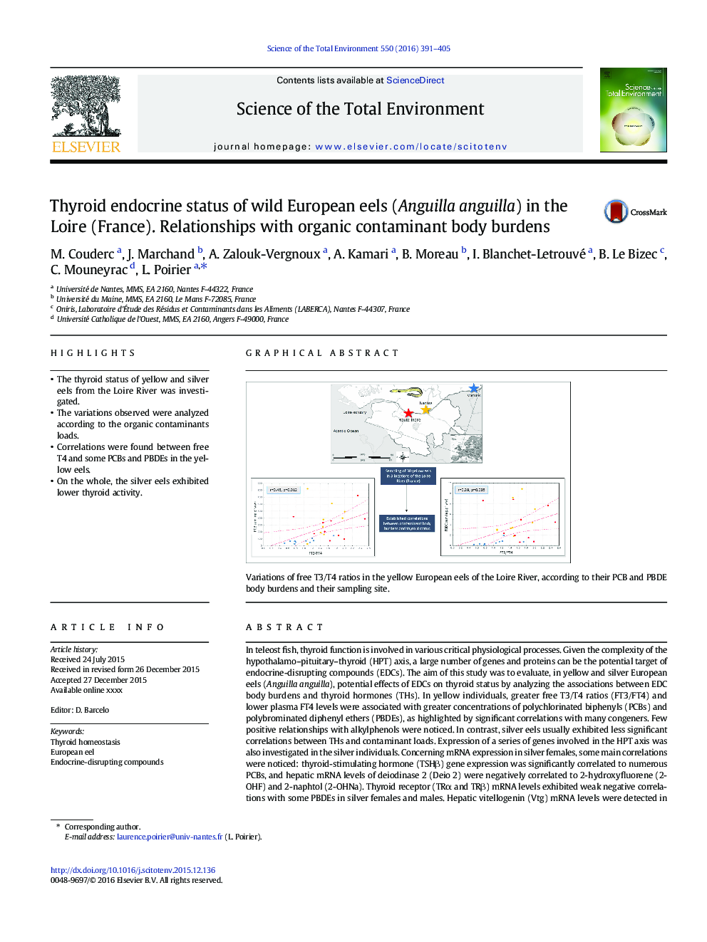 Thyroid endocrine status of wild European eels (Anguilla anguilla) in the Loire (France). Relationships with organic contaminant body burdens