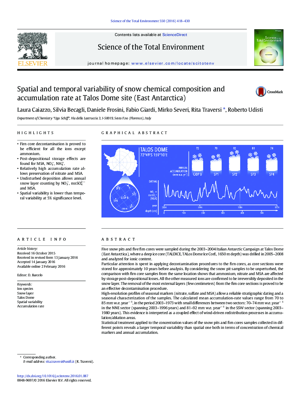 Spatial and temporal variability of snow chemical composition and accumulation rate at Talos Dome site (East Antarctica)