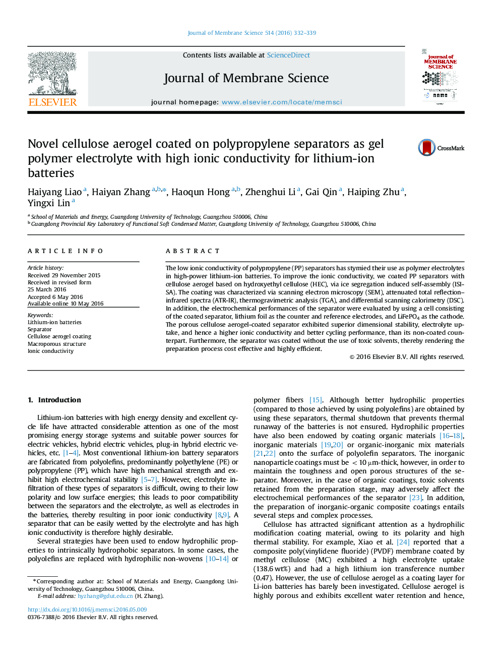 Novel cellulose aerogel coated on polypropylene separators as gel polymer electrolyte with high ionic conductivity for lithium-ion batteries