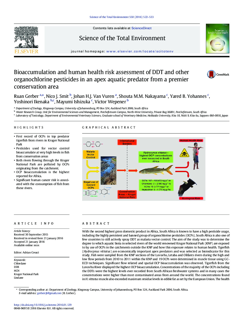 Bioaccumulation and human health risk assessment of DDT and other organochlorine pesticides in an apex aquatic predator from a premier conservation area