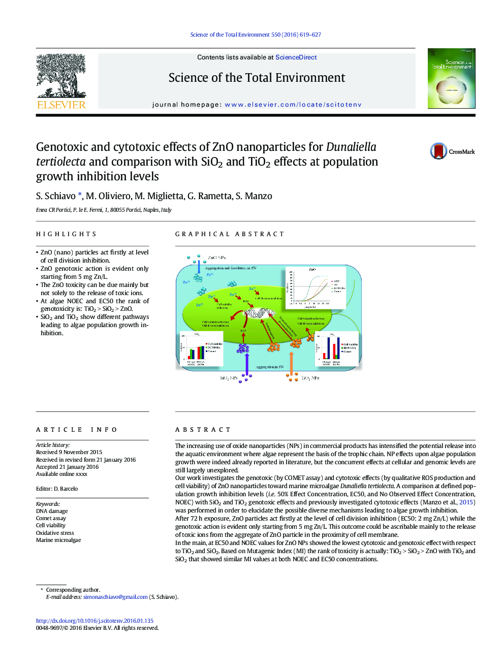 Genotoxic and cytotoxic effects of ZnO nanoparticles for Dunaliella tertiolecta and comparison with SiO2 and TiO2 effects at population growth inhibition levels