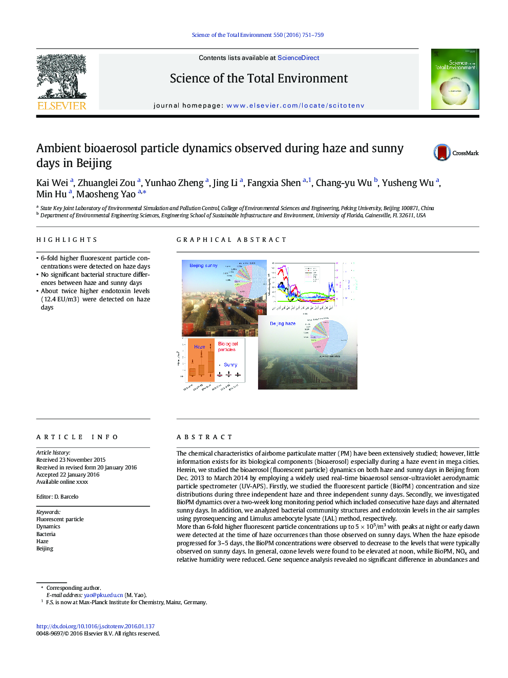 Ambient bioaerosol particle dynamics observed during haze and sunny days in Beijing