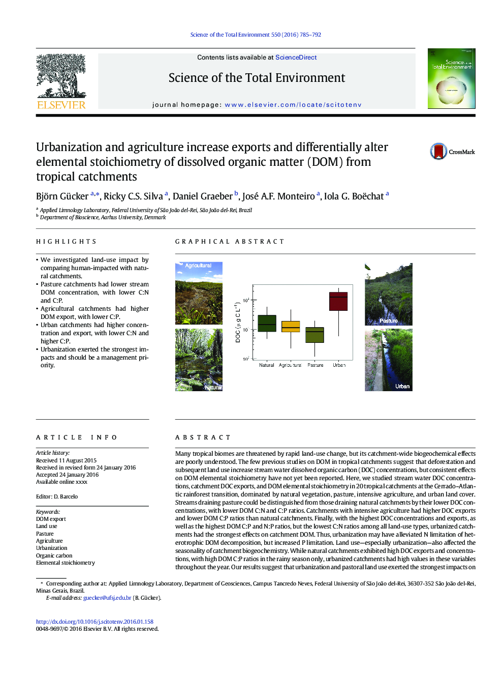 Urbanization and agriculture increase exports and differentially alter elemental stoichiometry of dissolved organic matter (DOM) from tropical catchments