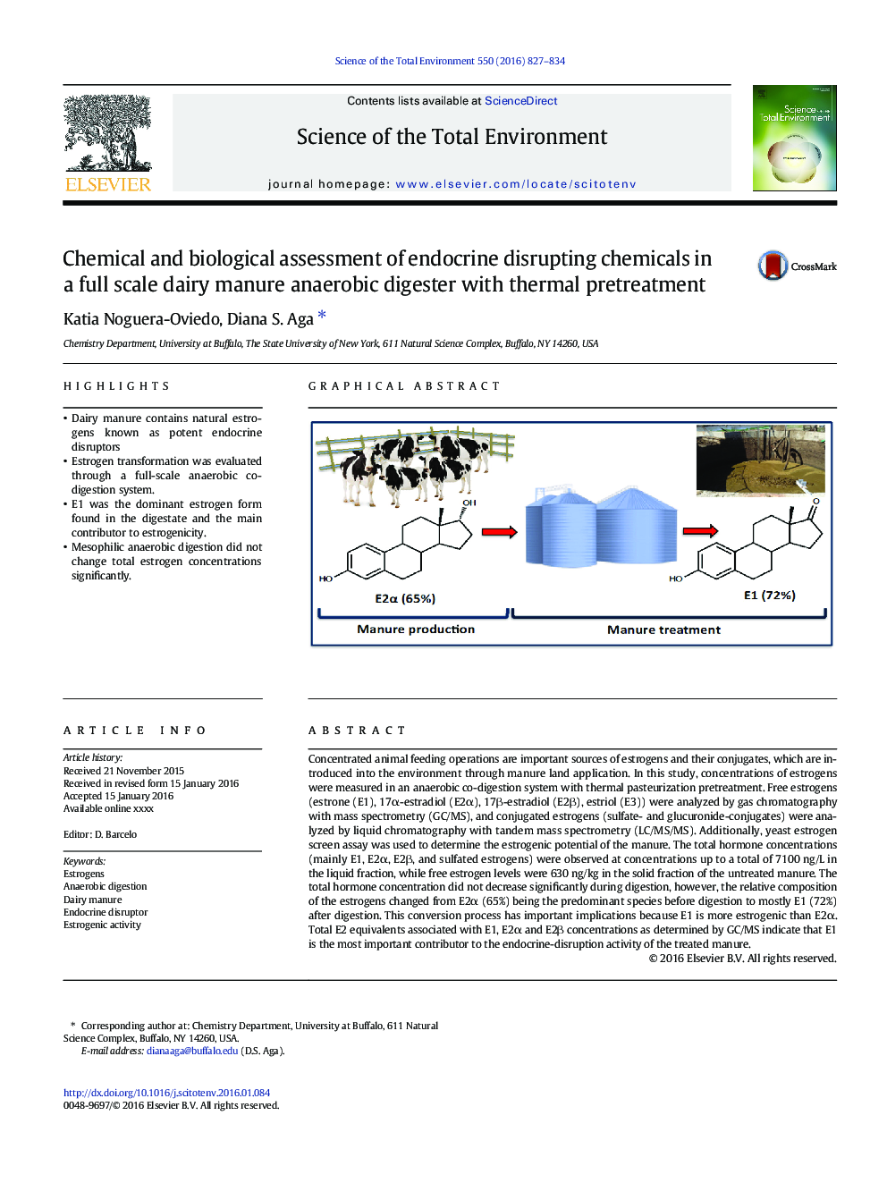 Chemical and biological assessment of endocrine disrupting chemicals in a full scale dairy manure anaerobic digester with thermal pretreatment
