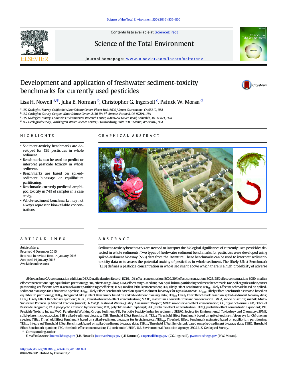 Development and application of freshwater sediment-toxicity benchmarks for currently used pesticides