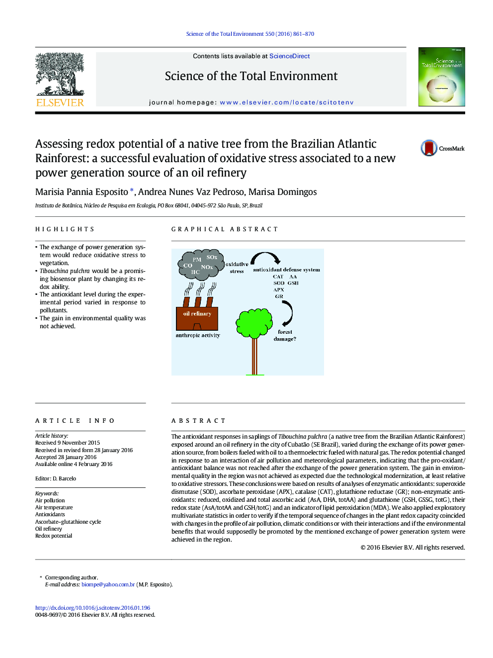 Assessing redox potential of a native tree from the Brazilian Atlantic Rainforest: a successful evaluation of oxidative stress associated to a new power generation source of an oil refinery
