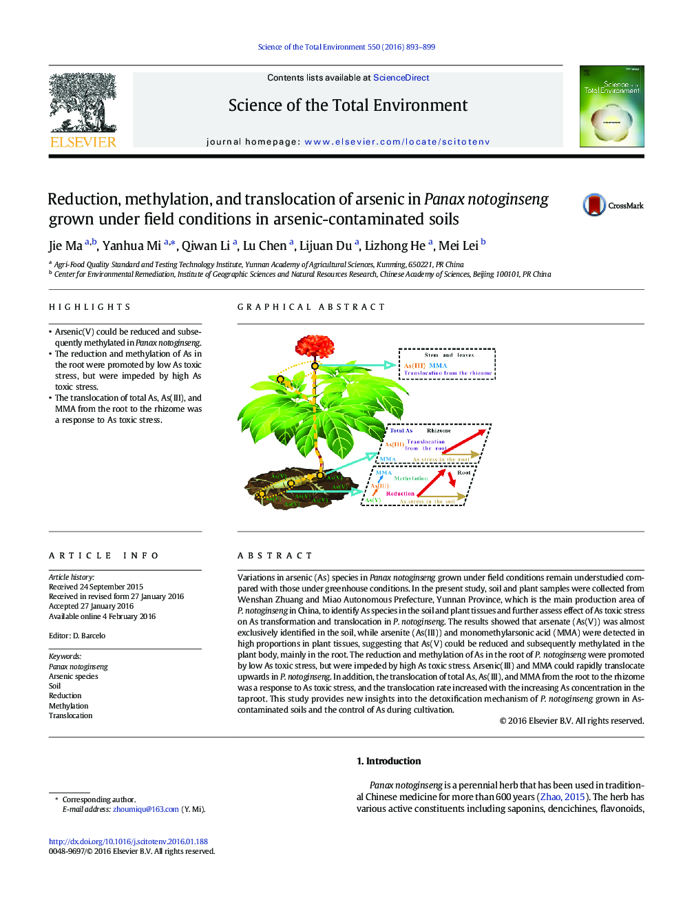 Reduction, methylation, and translocation of arsenic in Panax notoginseng grown under field conditions in arsenic-contaminated soils