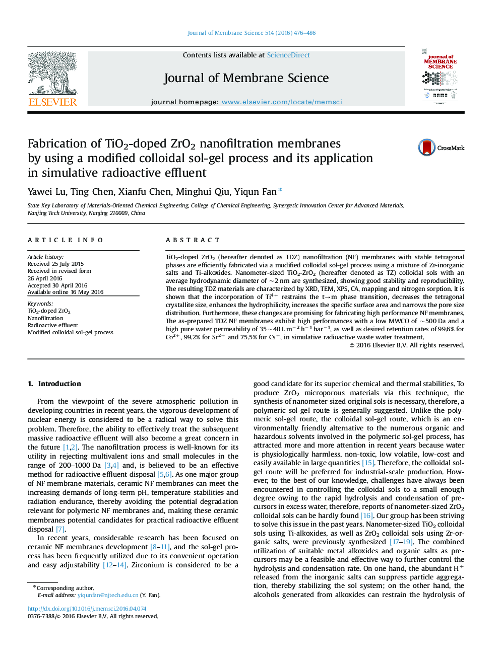 Fabrication of TiO2-doped ZrO2 nanofiltration membranes by using a modified colloidal sol-gel process and its application in simulative radioactive effluent