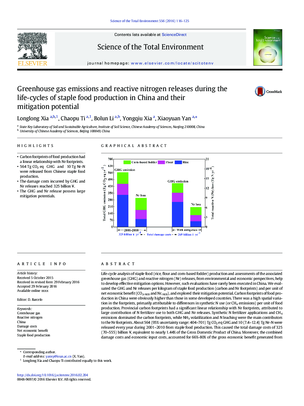 Greenhouse gas emissions and reactive nitrogen releases during the life-cycles of staple food production in China and their mitigation potential