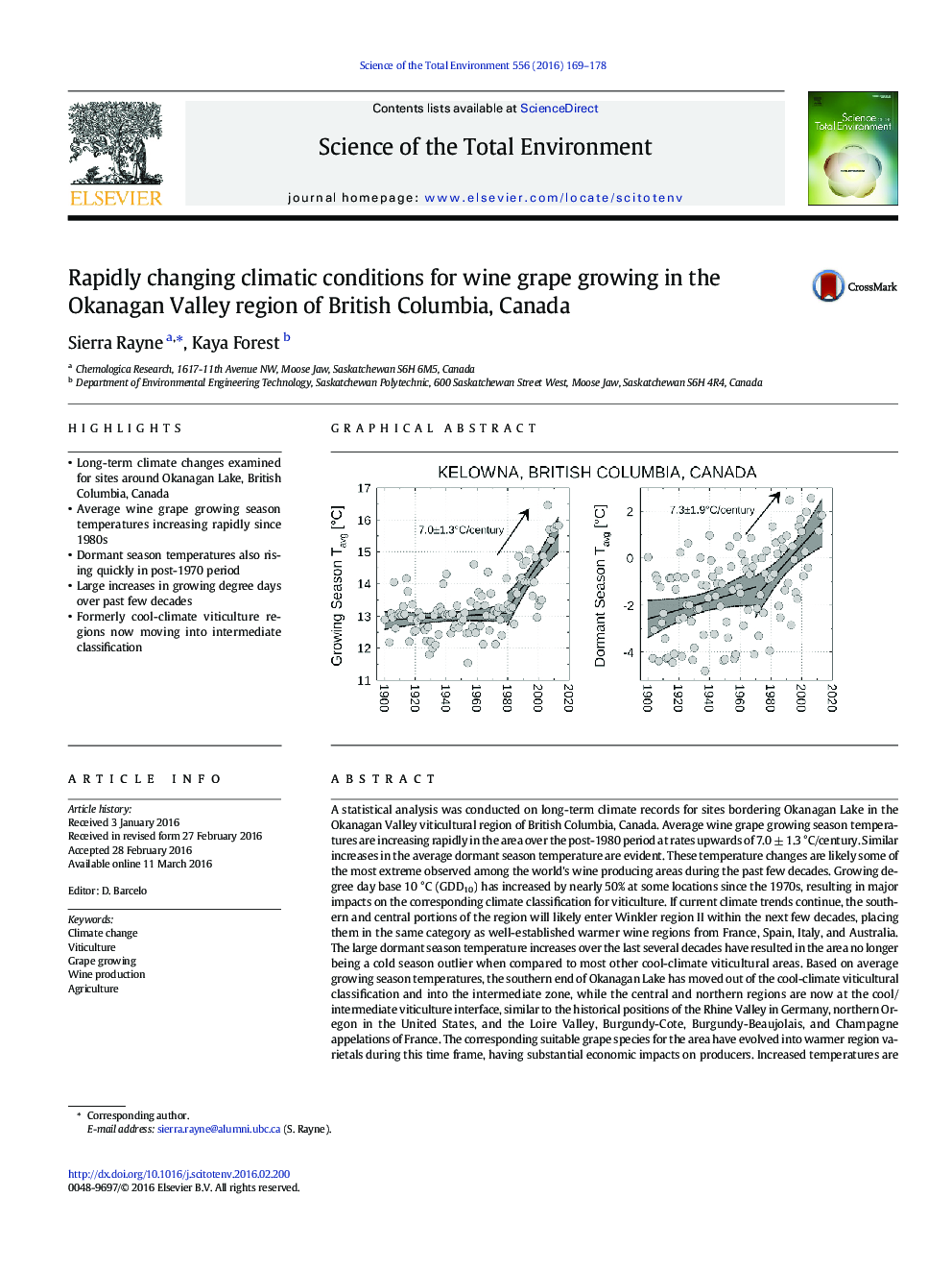 Rapidly changing climatic conditions for wine grape growing in the Okanagan Valley region of British Columbia, Canada