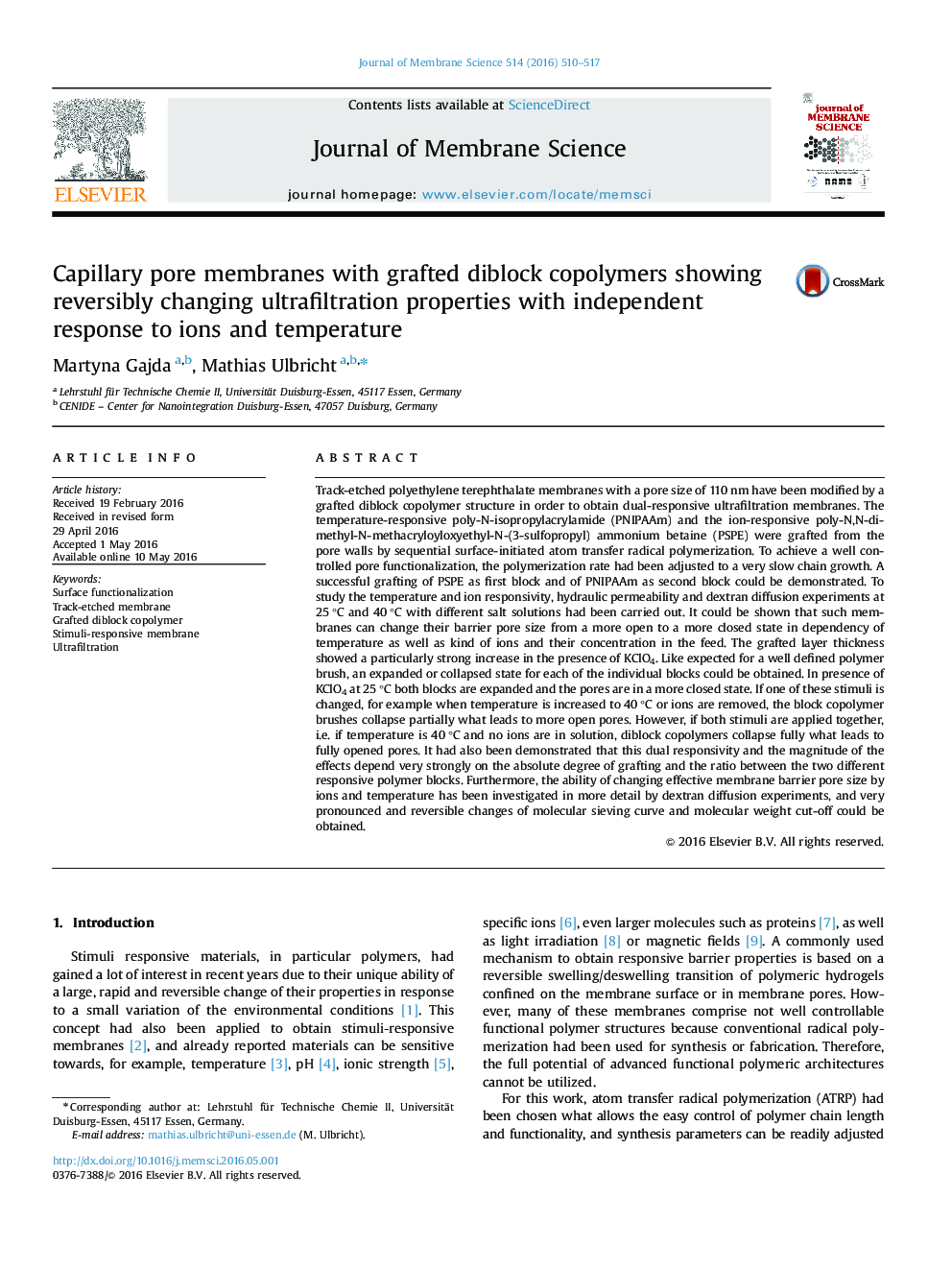 Capillary pore membranes with grafted diblock copolymers showing reversibly changing ultrafiltration properties with independent response to ions and temperature