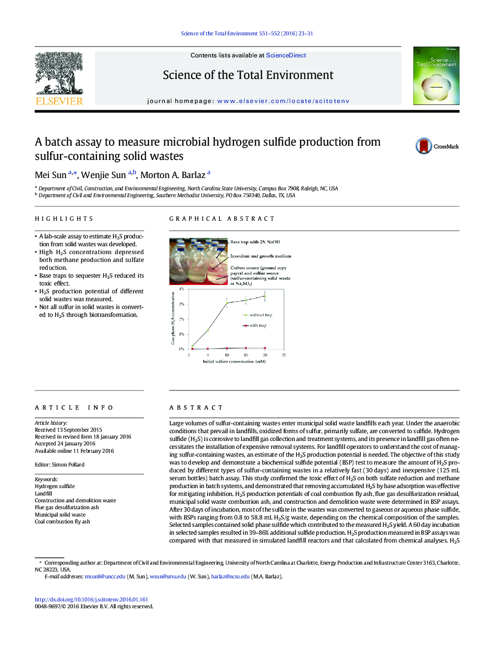 A batch assay to measure microbial hydrogen sulfide production from sulfur-containing solid wastes