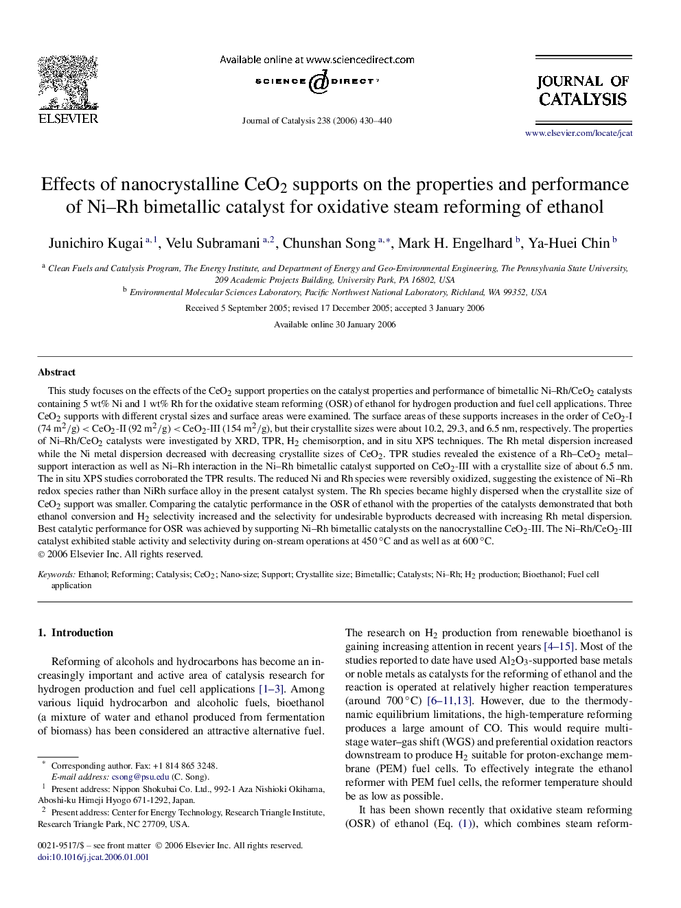 Effects of nanocrystalline CeO2 supports on the properties and performance of Ni–Rh bimetallic catalyst for oxidative steam reforming of ethanol