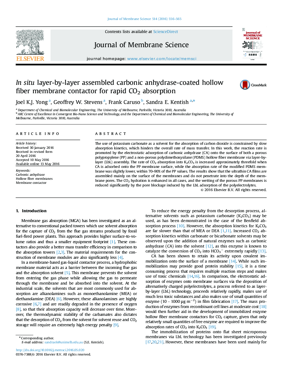 In situ layer-by-layer assembled carbonic anhydrase-coated hollow fiber membrane contactor for rapid CO2 absorption