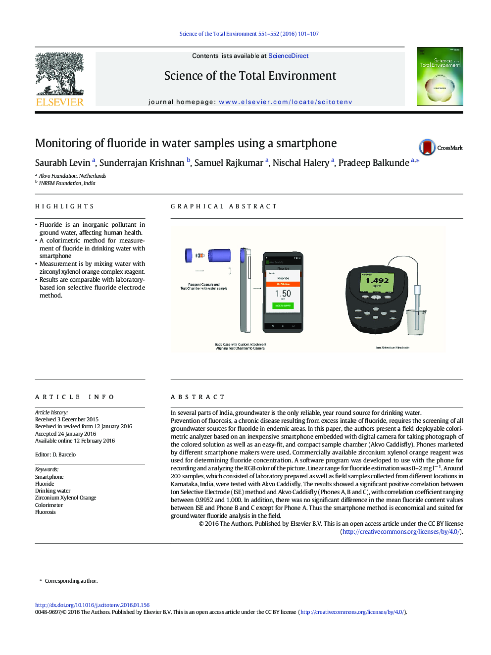 نظارت بر نمونه های فلوراید در آب با استفاده از یک گوشی هوشمند 