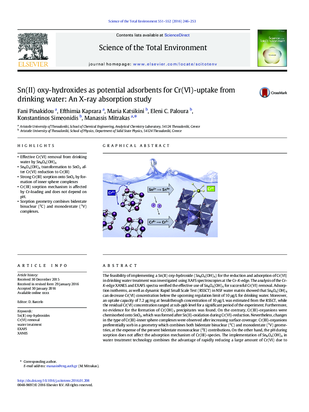 Sn(II) oxy-hydroxides as potential adsorbents for Cr(VI)-uptake from drinking water: An X-ray absorption study