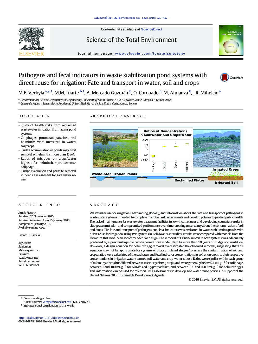 Pathogens and fecal indicators in waste stabilization pond systems with direct reuse for irrigation: Fate and transport in water, soil and crops