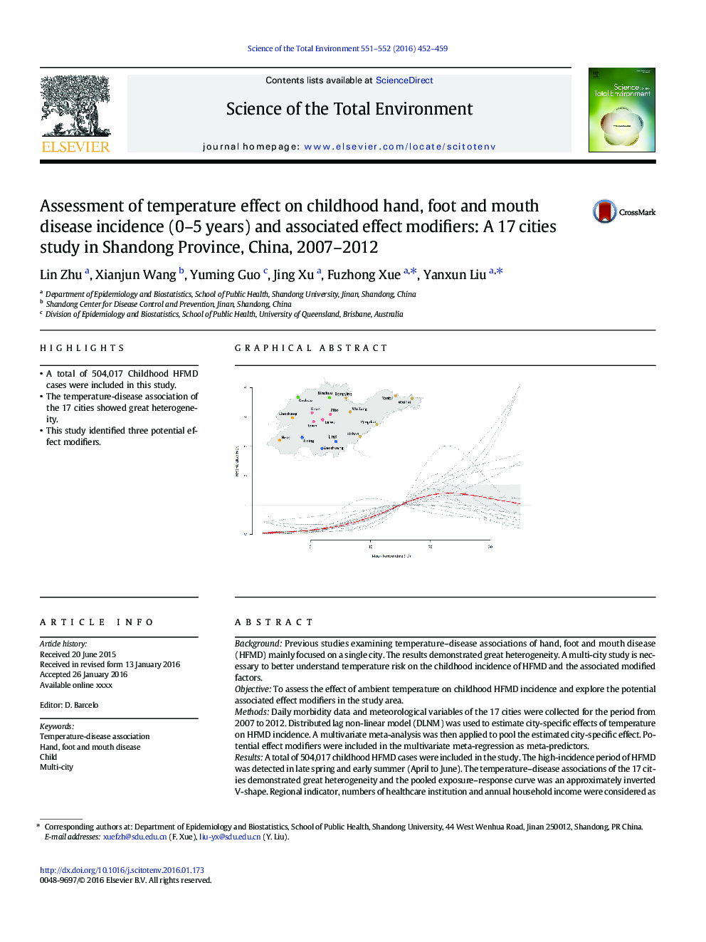Assessment of temperature effect on childhood hand, foot and mouth disease incidence (0-5Â years) and associated effect modifiers: A 17 cities study in Shandong Province, China, 2007-2012
