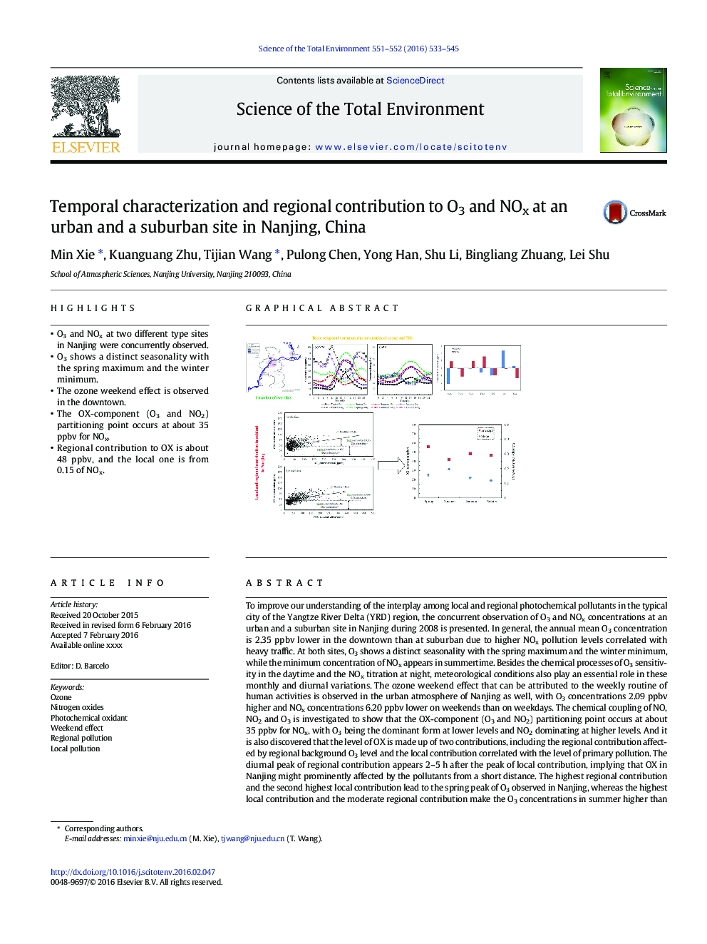 Temporal characterization and regional contribution to O3 and NOx at an urban and a suburban site in Nanjing, China