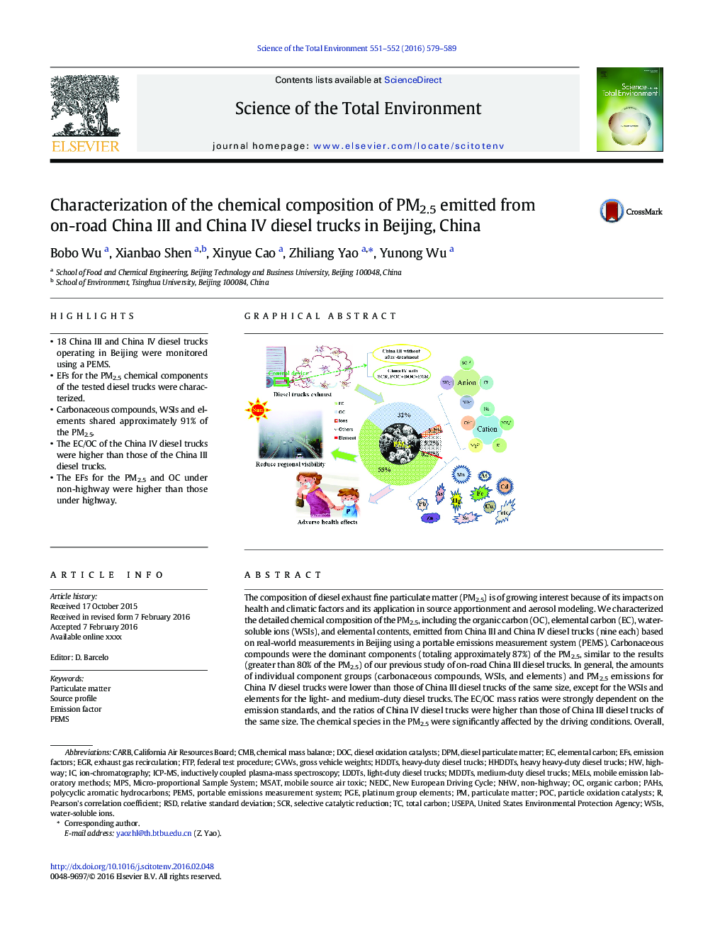 Characterization of the chemical composition of PM2.5 emitted from on-road China III and China IV diesel trucks in Beijing, China