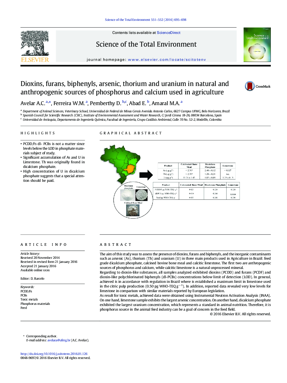 Dioxins, furans, biphenyls, arsenic, thorium and uranium in natural and anthropogenic sources of phosphorus and calcium used in agriculture