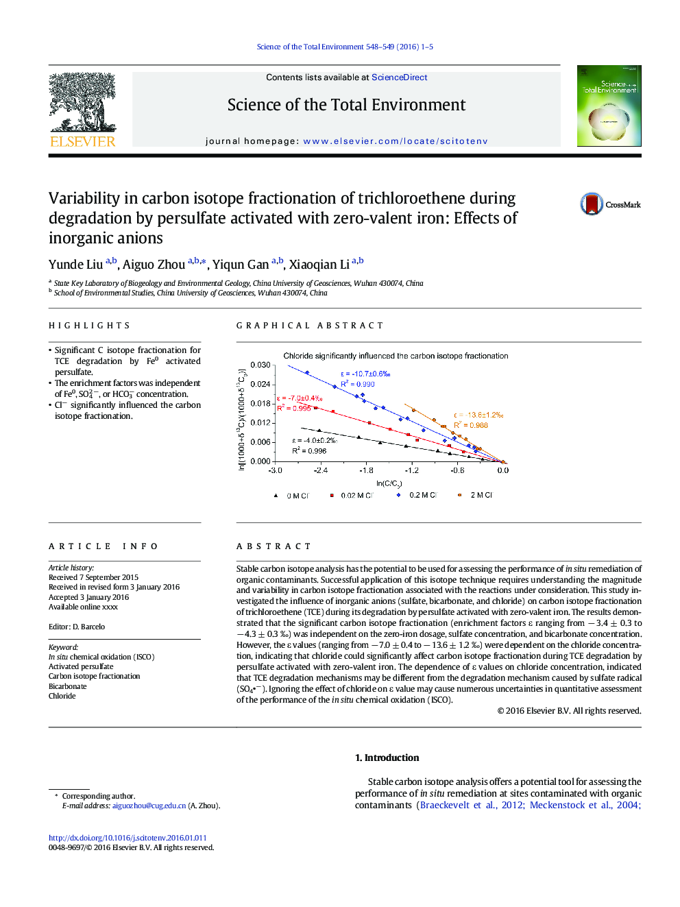 Variability in carbon isotope fractionation of trichloroethene during degradation by persulfate activated with zero-valent iron: Effects of inorganic anions