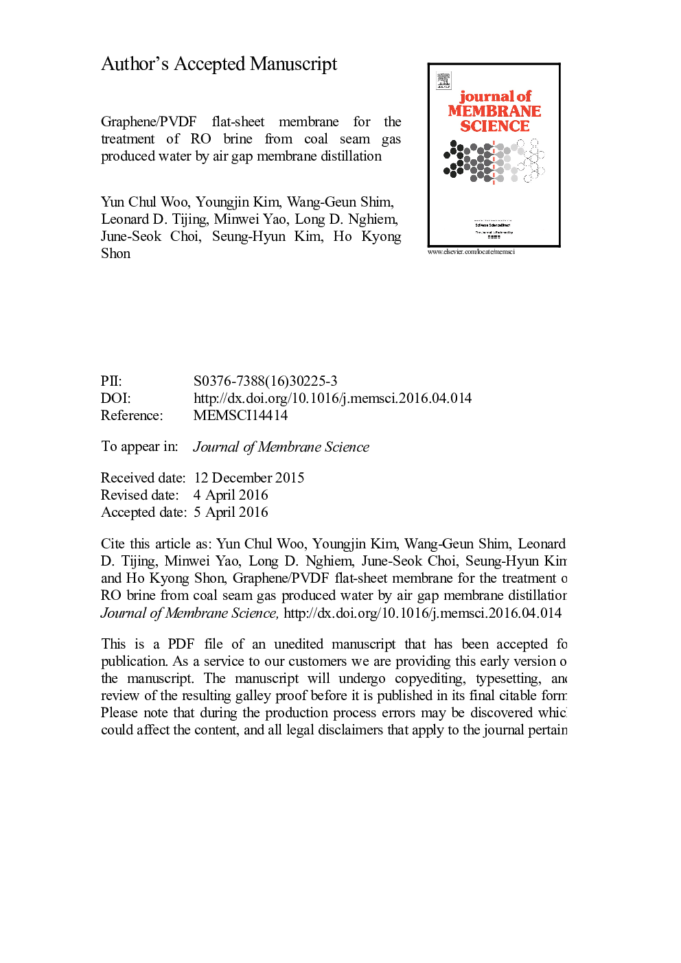 Graphene/PVDF flat-sheet membrane for the treatment of RO brine from coal seam gas produced water by air gap membrane distillation