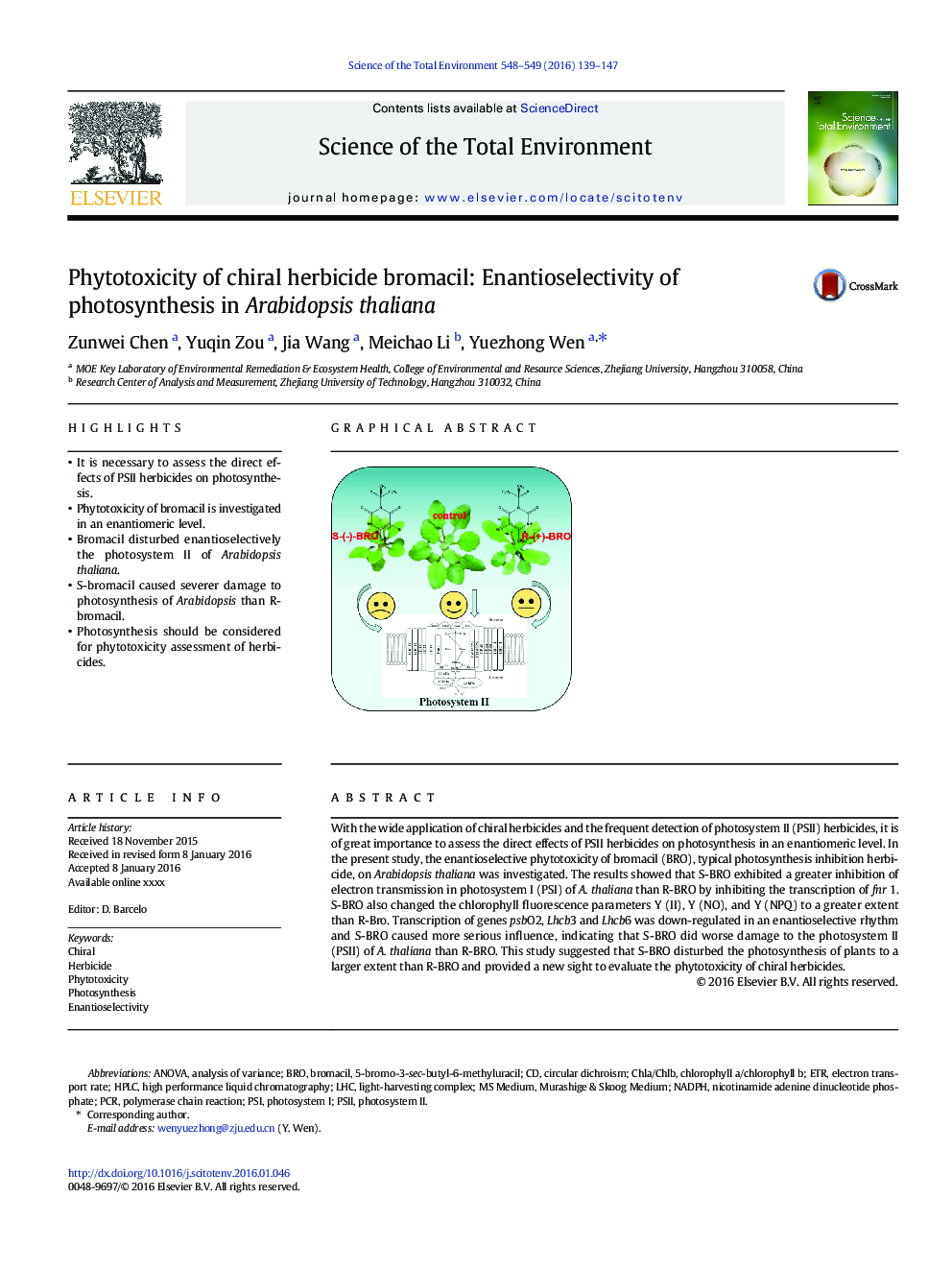 Phytotoxicity of chiral herbicide bromacil: Enantioselectivity of photosynthesis in Arabidopsis thaliana