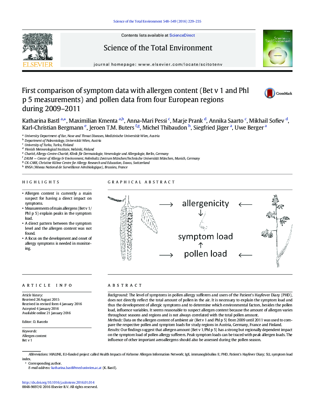 First comparison of symptom data with allergen content (Bet v 1 and Phl p 5 measurements) and pollen data from four European regions during 2009-2011