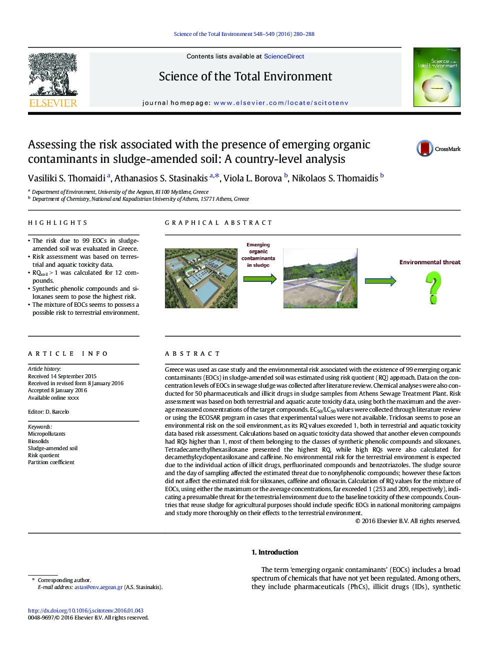 Assessing the risk associated with the presence of emerging organic contaminants in sludge-amended soil: A country-level analysis