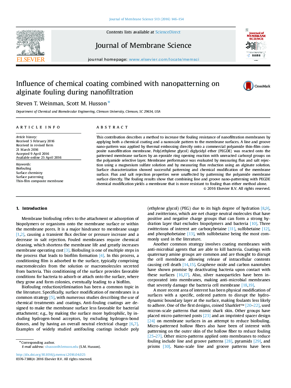 Influence of chemical coating combined with nanopatterning on alginate fouling during nanofiltration