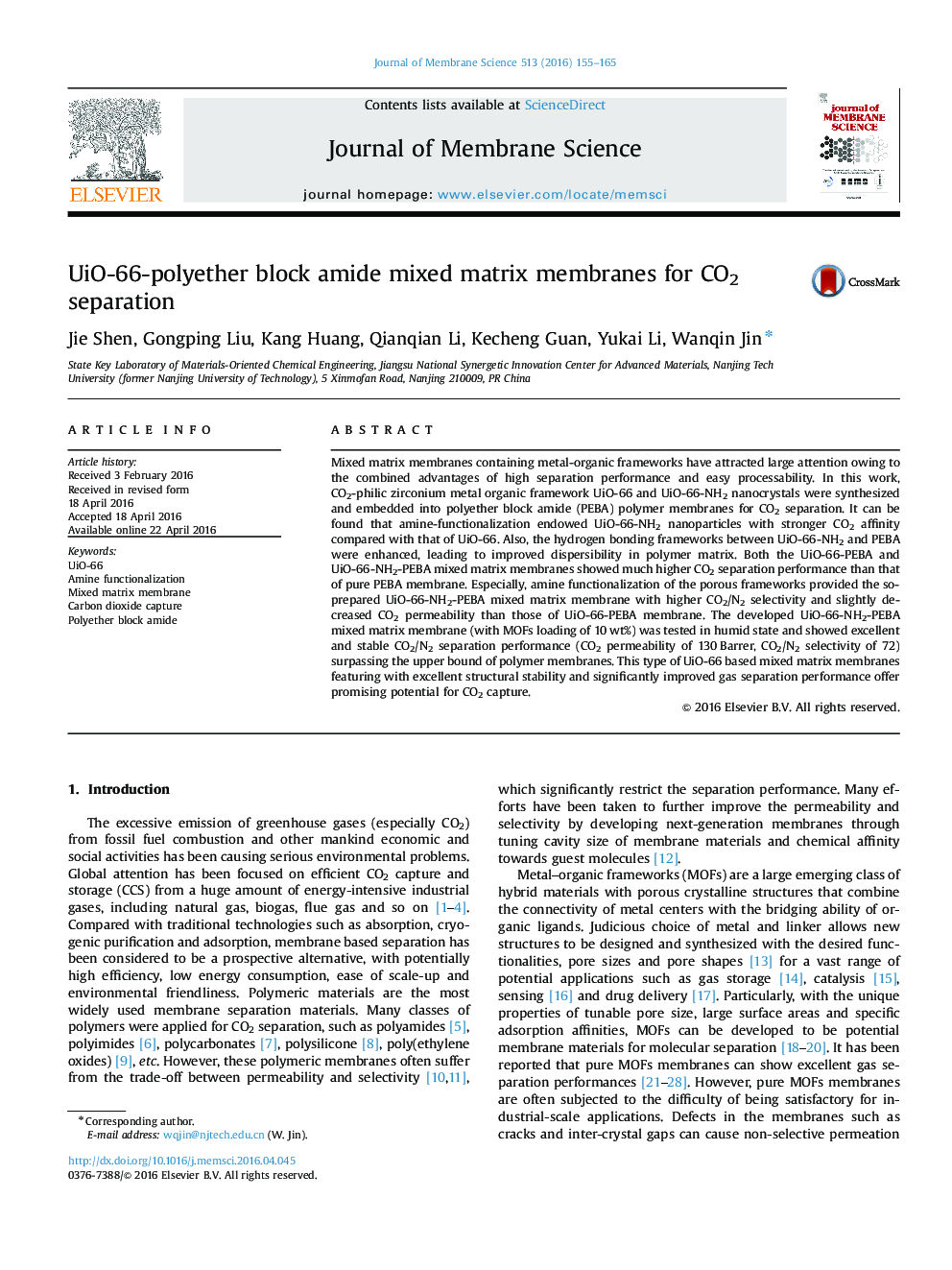 UiO-66-polyether block amide mixed matrix membranes for CO2 separation