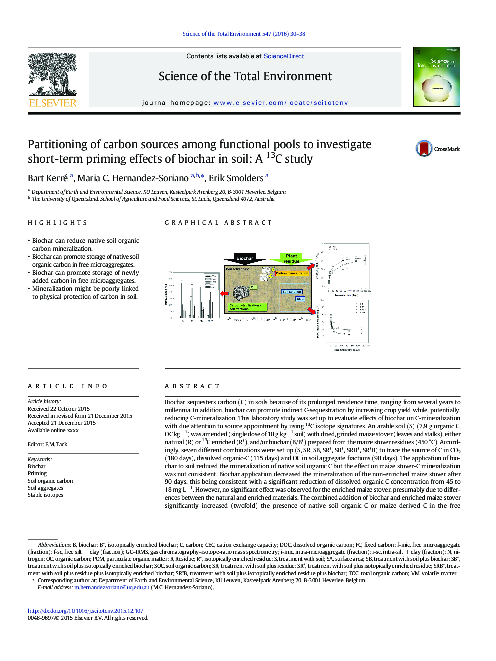 Partitioning of carbon sources among functional pools to investigate short-term priming effects of biochar in soil: A 13C study