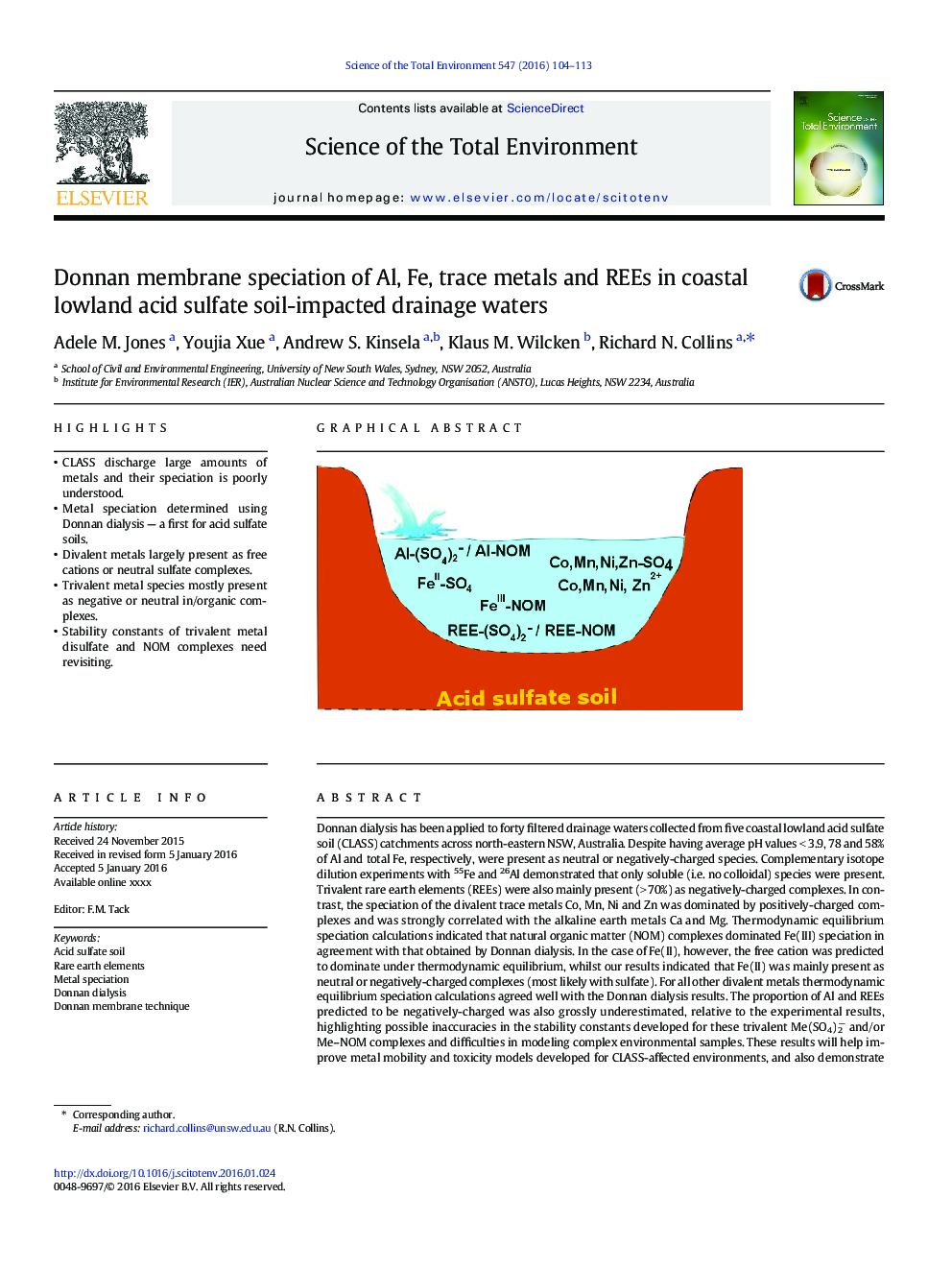 Donnan membrane speciation of Al, Fe, trace metals and REEs in coastal lowland acid sulfate soil-impacted drainage waters