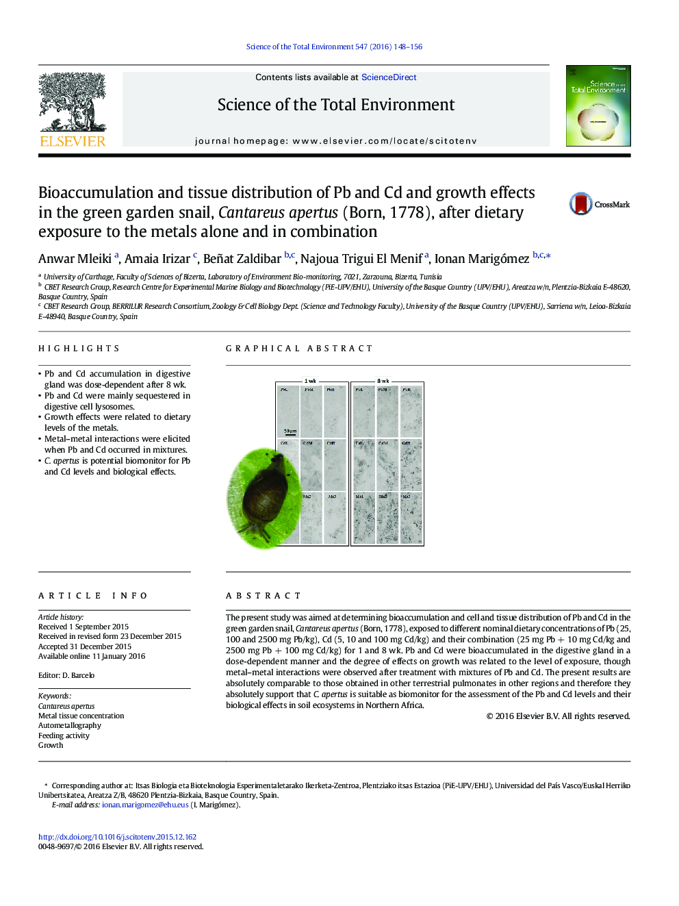 Bioaccumulation and tissue distribution of Pb and Cd and growth effects in the green garden snail, Cantareus apertus (Born, 1778), after dietary exposure to the metals alone and in combination