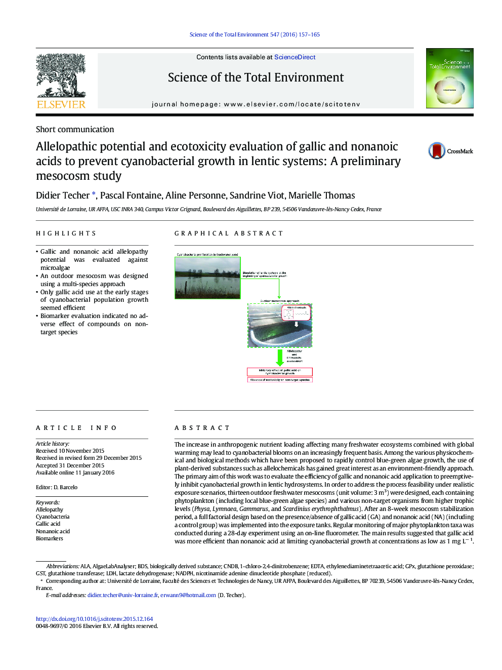 Short communicationAllelopathic potential and ecotoxicity evaluation of gallic and nonanoic acids to prevent cyanobacterial growth in lentic systems: A preliminary mesocosm study