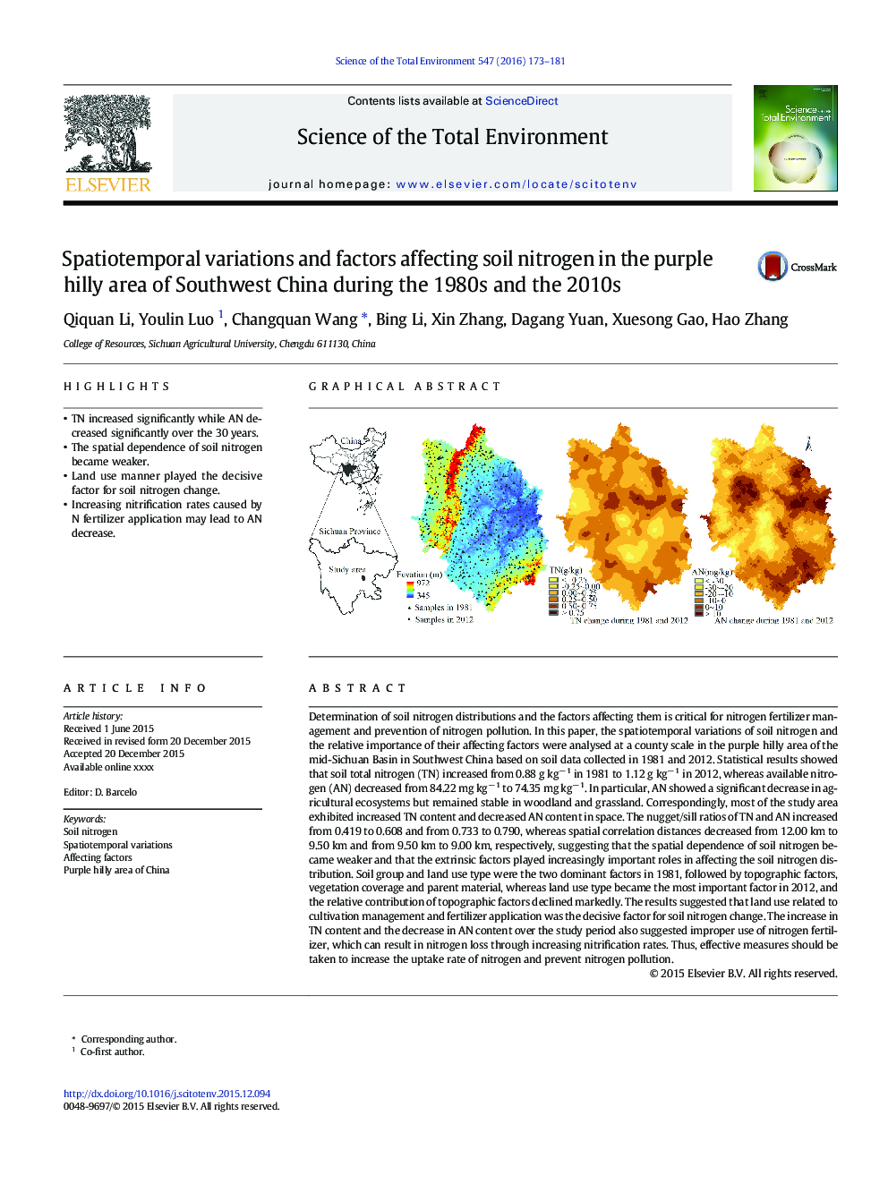 Spatiotemporal variations and factors affecting soil nitrogen in the purple hilly area of Southwest China during the 1980s and the 2010s