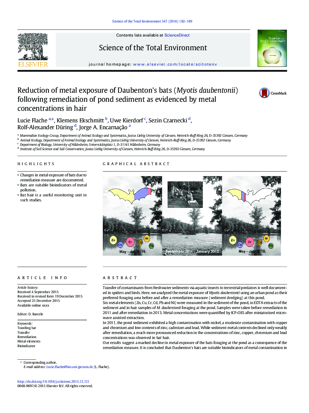 Reduction of metal exposure of Daubenton's bats (Myotis daubentonii) following remediation of pond sediment as evidenced by metal concentrations in hair