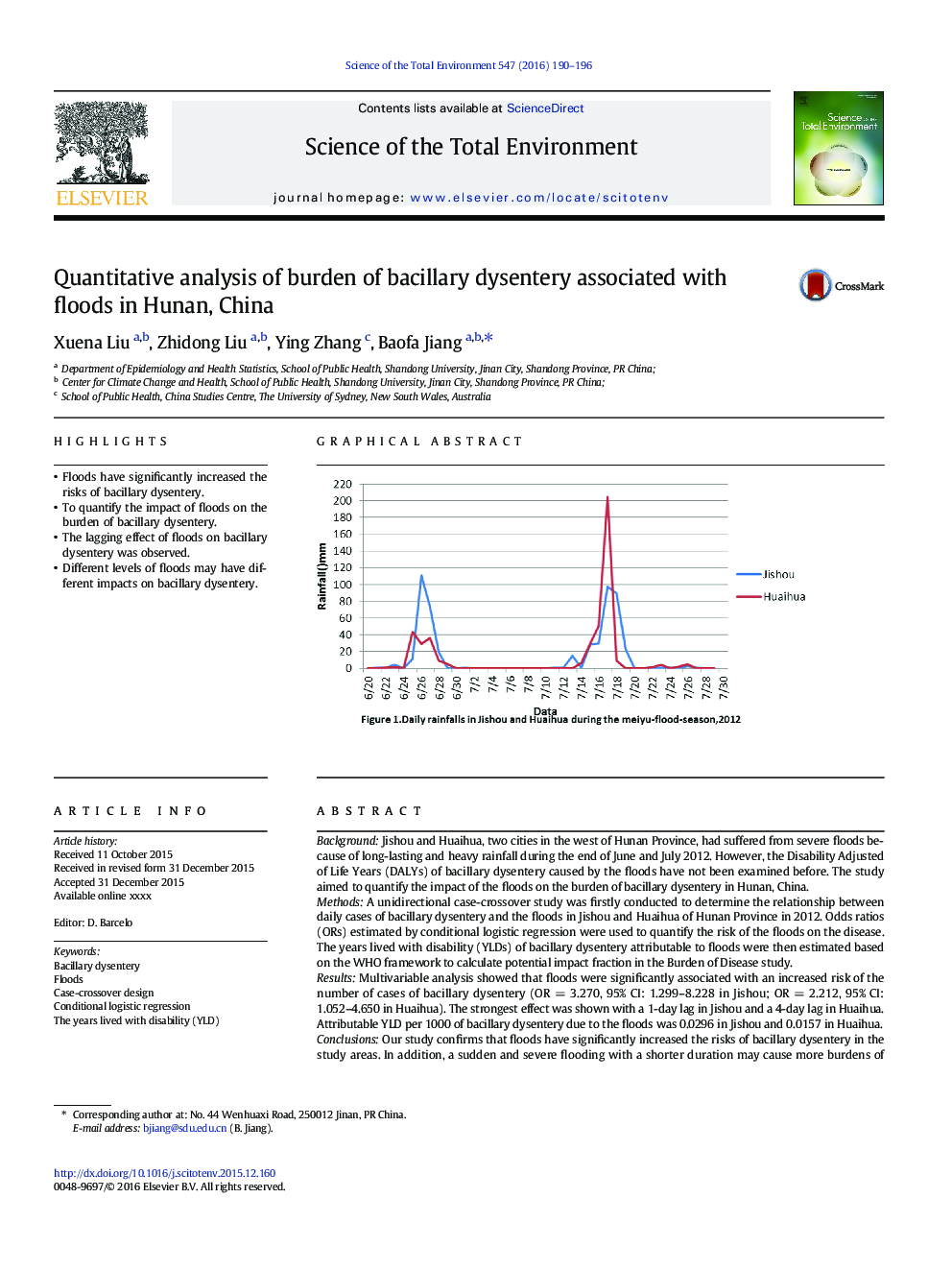 Quantitative analysis of burden of bacillary dysentery associated with floods in Hunan, China