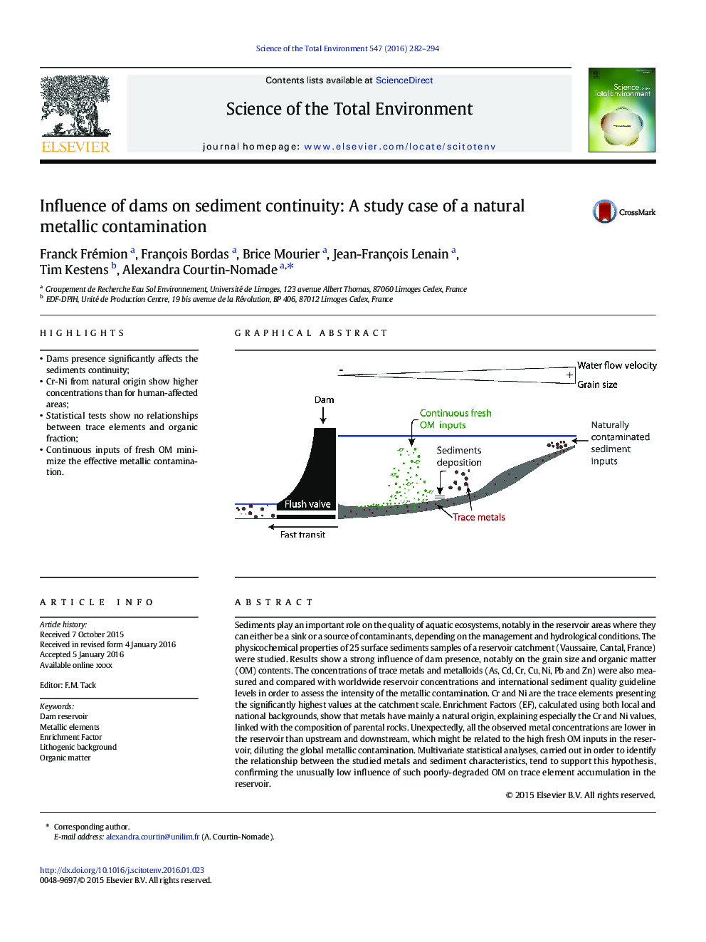 Influence of dams on sediment continuity: A study case of a natural metallic contamination