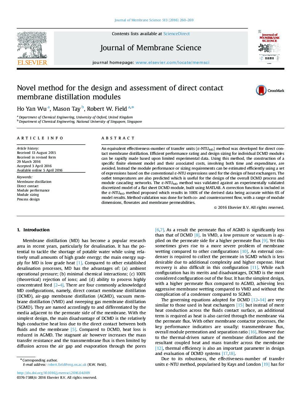 Novel method for the design and assessment of direct contact membrane distillation modules