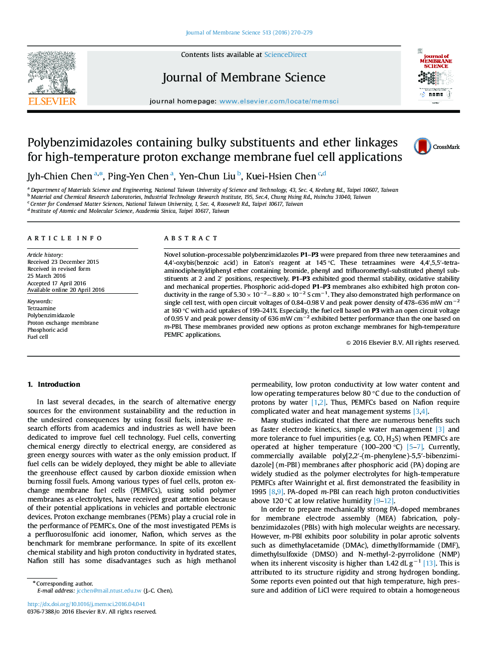 Polybenzimidazoles containing bulky substituents and ether linkages for high-temperature proton exchange membrane fuel cell applications