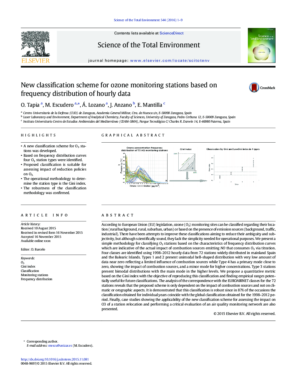 New classification scheme for ozone monitoring stations based on frequency distribution of hourly data