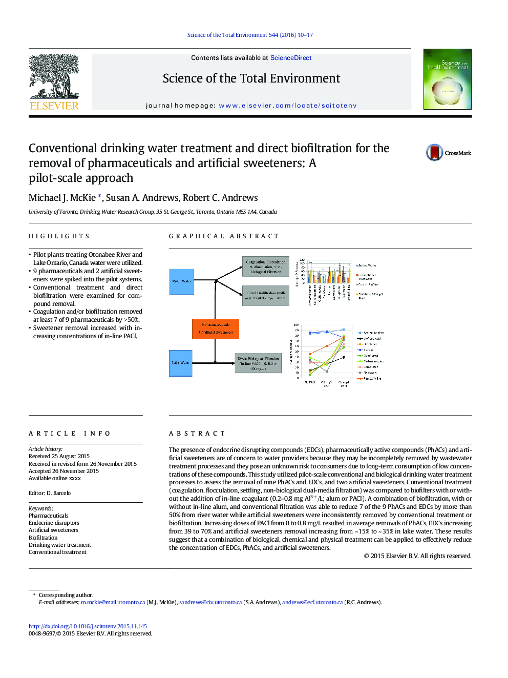 Conventional drinking water treatment and direct biofiltration for the removal of pharmaceuticals and artificial sweeteners: A pilot-scale approach