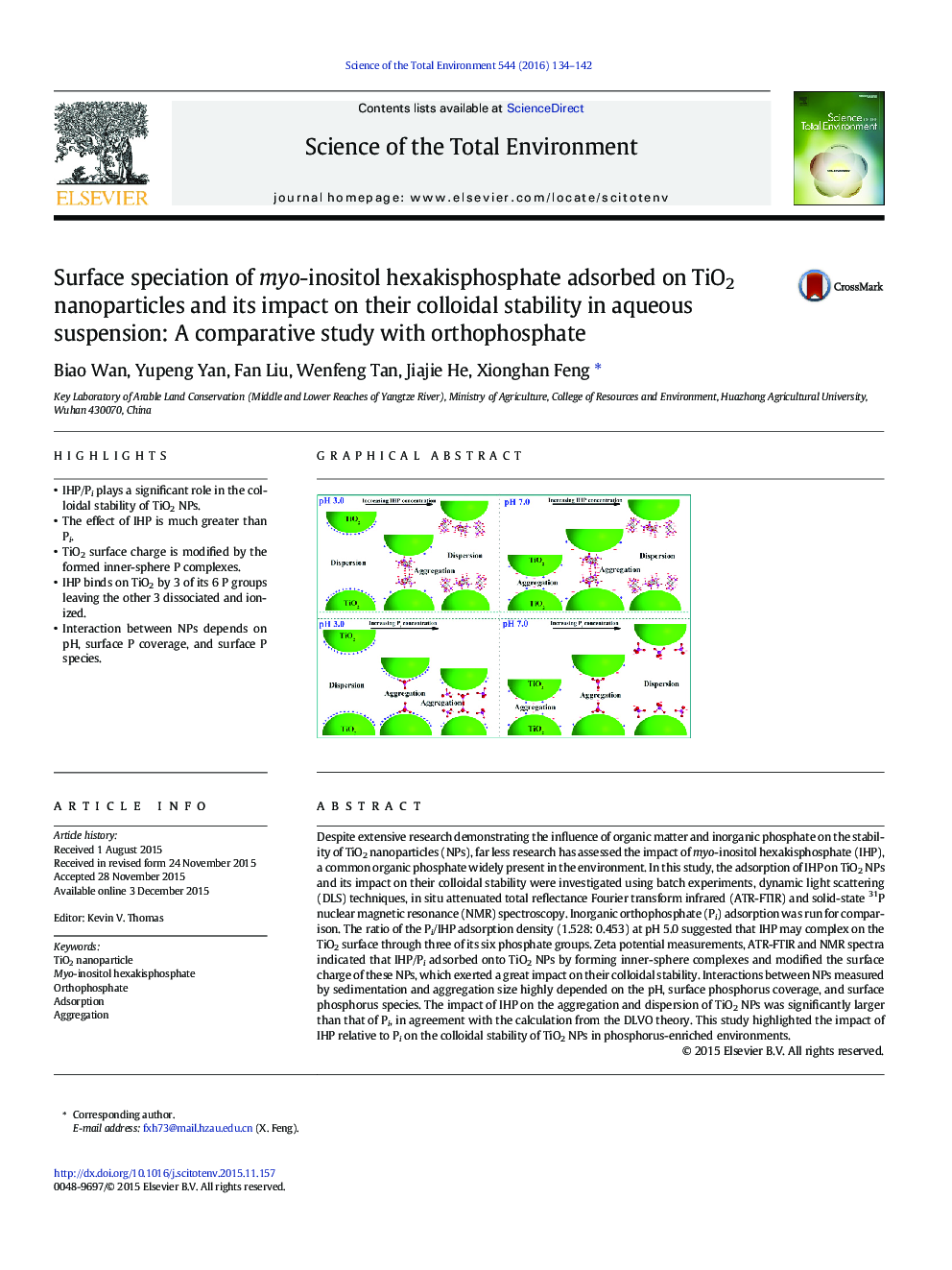 Surface speciation of myo-inositol hexakisphosphate adsorbed on TiO2 nanoparticles and its impact on their colloidal stability in aqueous suspension: A comparative study with orthophosphate