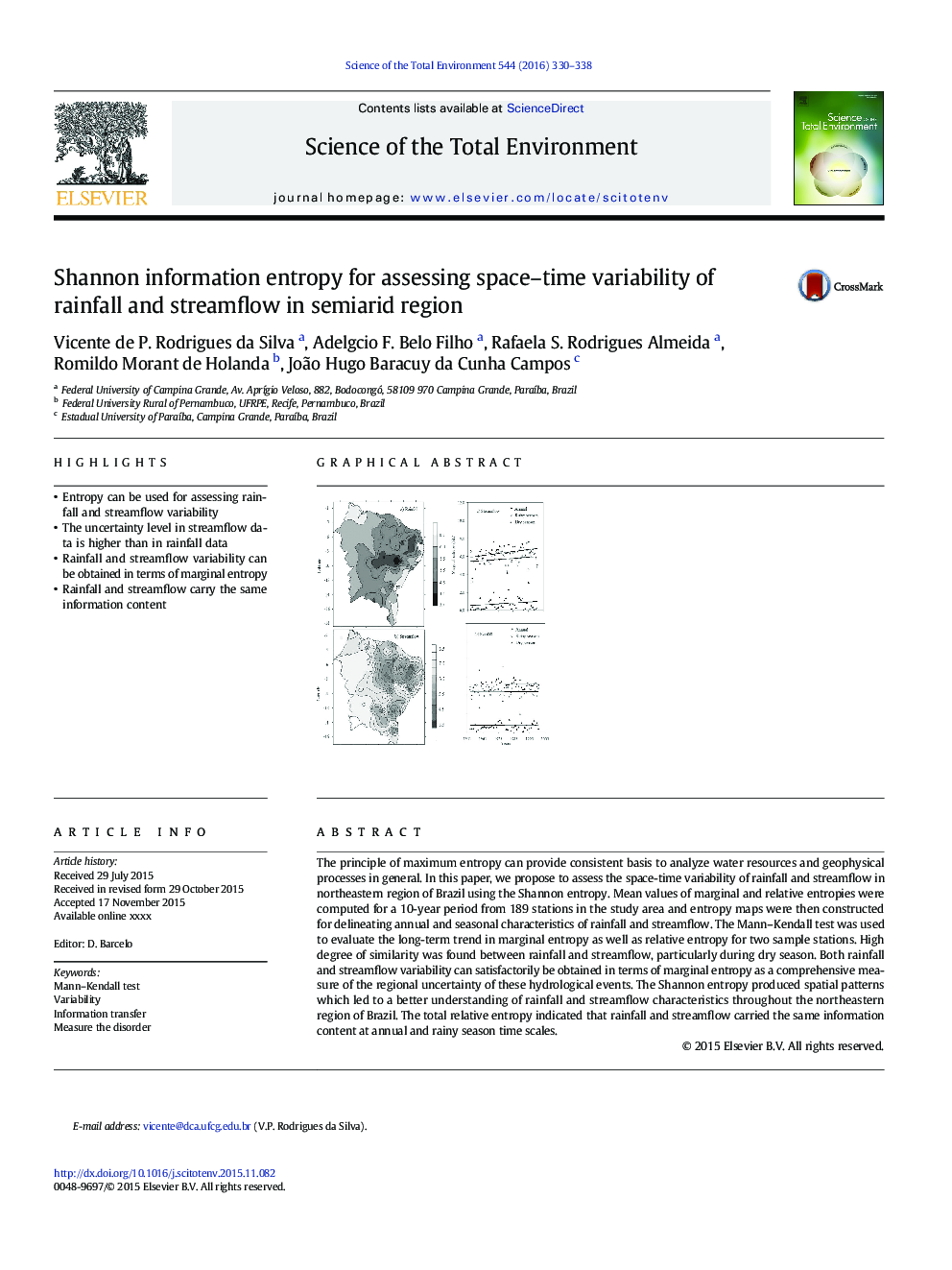 Shannon information entropy for assessing space-time variability of rainfall and streamflow in semiarid region