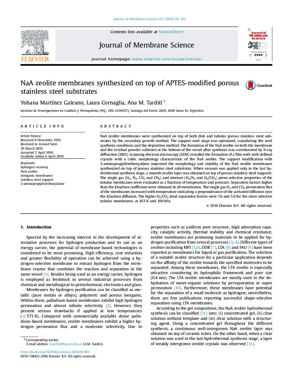 NaA zeolite membranes synthesized on top of APTES-modified porous stainless steel substrates