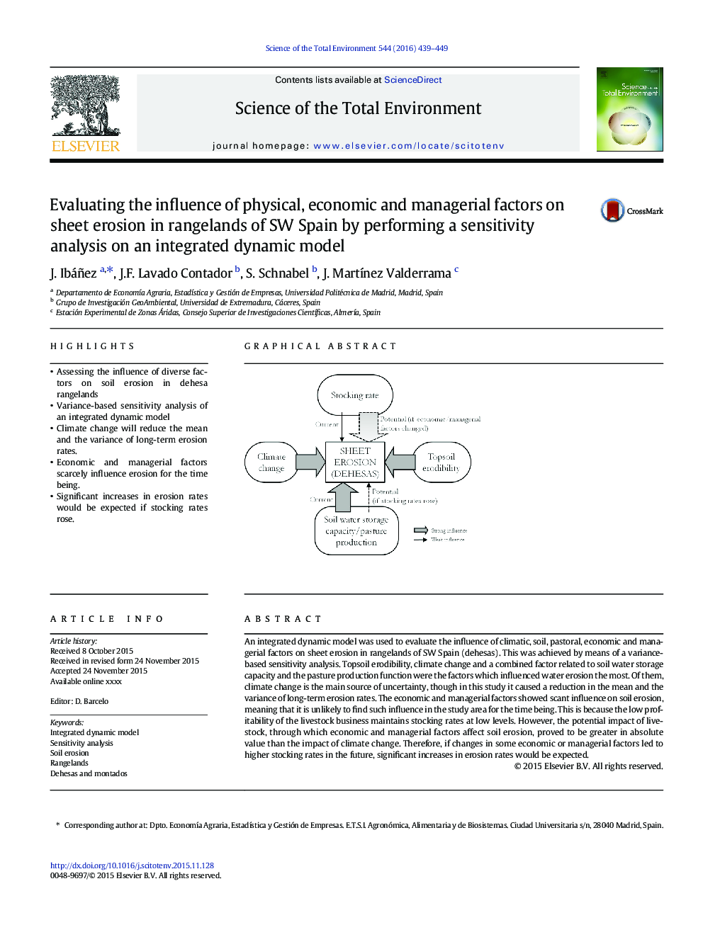 Evaluating the influence of physical, economic and managerial factors on sheet erosion in rangelands of SW Spain by performing a sensitivity analysis on an integrated dynamic model