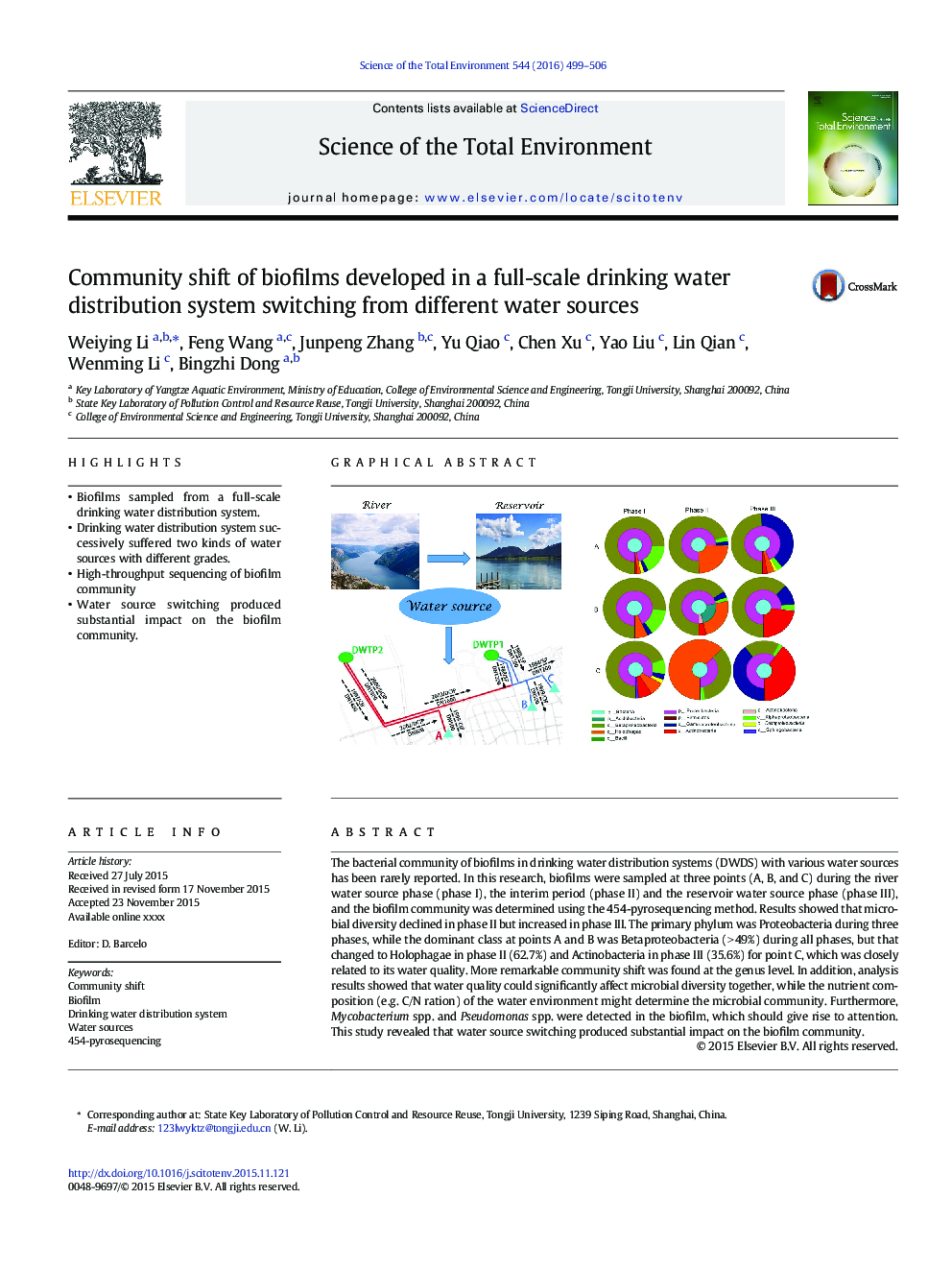 Community shift of biofilms developed in a full-scale drinking water distribution system switching from different water sources